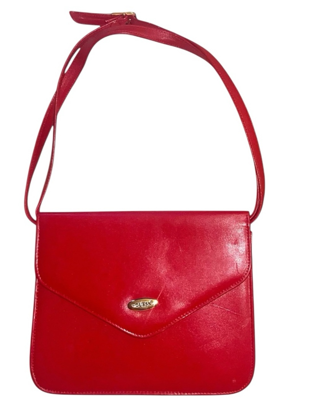 Vintage Guess Red Leather Envelope Style Crossbody Shoulder Bag With Gold Logo
